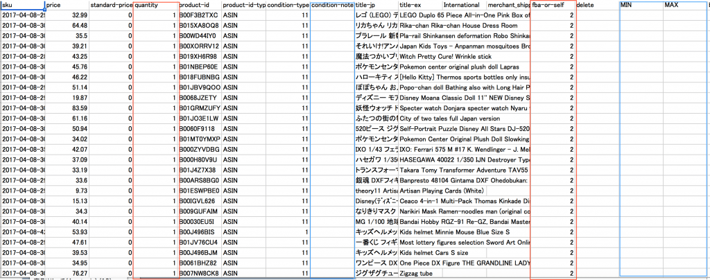 アマトピアの商品リサーチデータ一覧画面（SKU、価格、ASIN等）