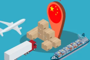 中国輸入を表す飛行機、トラック、船と段ボール箱のイラスト