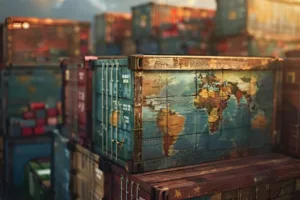 世界地図が描かれた貨物コンテナが並ぶ国際貿易イメージ