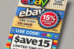 eBayの15%割引クーポンと限定セールを示すプロモーション画像