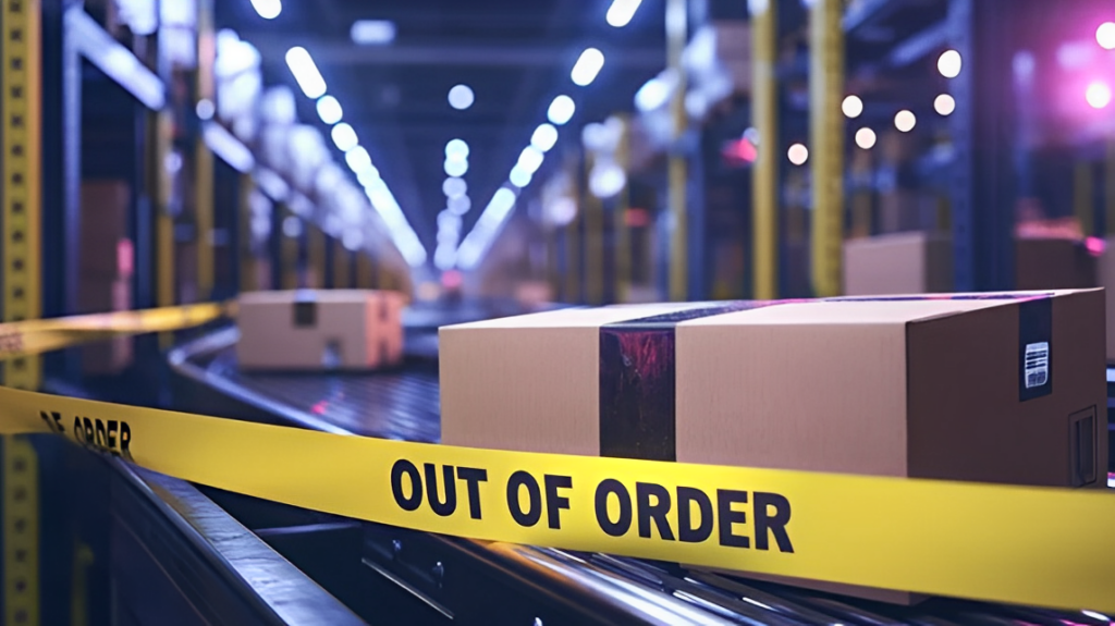 倉庫のコンベアベルト上の段ボールとOUT OF ORDERテープの在庫切れイメージ