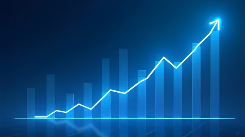 青い背景の上昇する棒グラフとトレンドライン