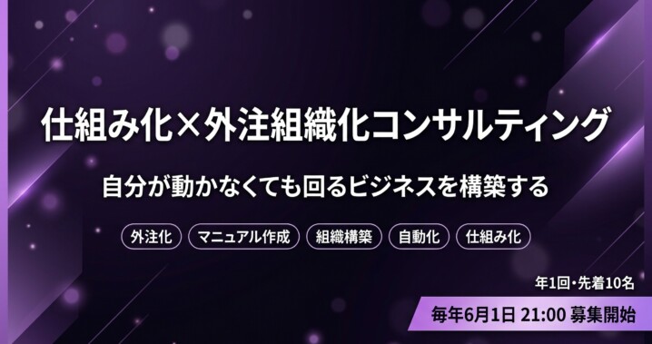 仕組み化×外注組織化コンサルティング募集バナー - 自分が動かなくても回るビジネスを構築、毎年6月1日募集開始