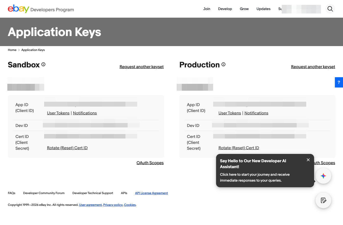 Application Keys画面(SandboxとProductionの2セット)