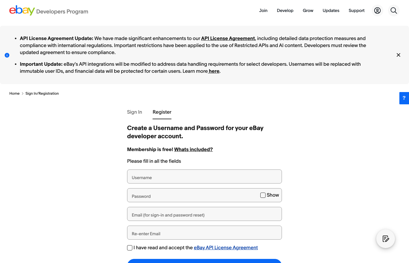 eBay Developer Account登録画面