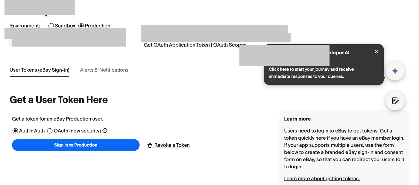 User Tokens画面 - Sign in to Productionボタン