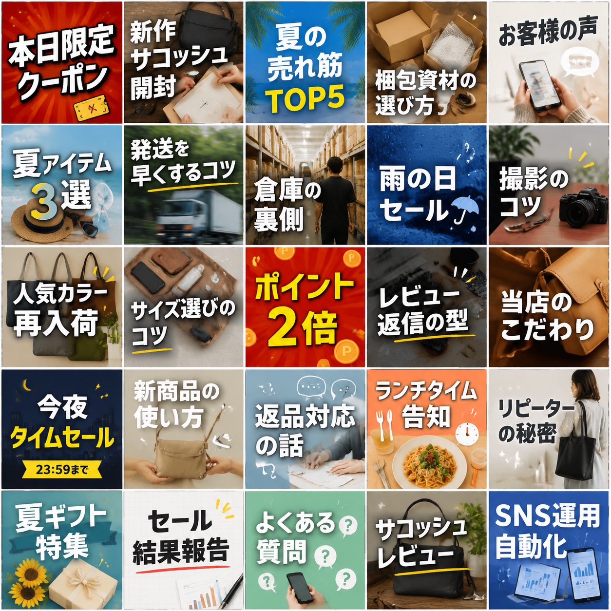 postiのAI画像生成で作った投稿サムネイルの例。テーマを指示するだけで告知バナーからYouTube風サムネまで生成できる