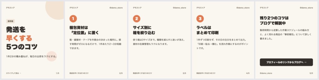 Instagramカルーセル投稿の例。5枚で1つのコンテンツを構成