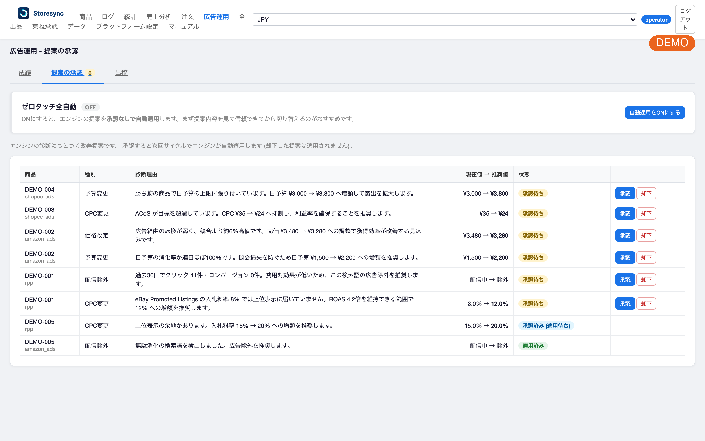 診断理由と現在値から推奨値への提案を承認する画面
