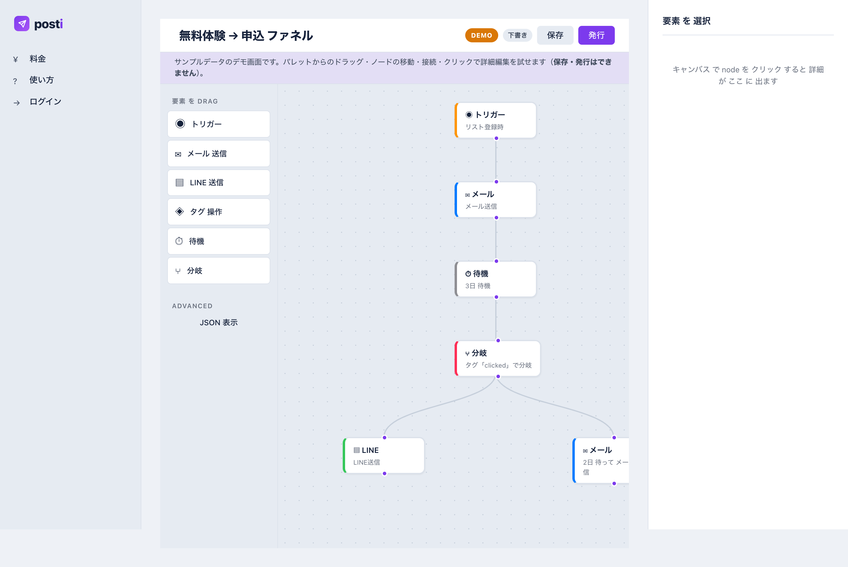 posti のファネルビルダー（ドラッグ&ドロップで集客導線を構築）